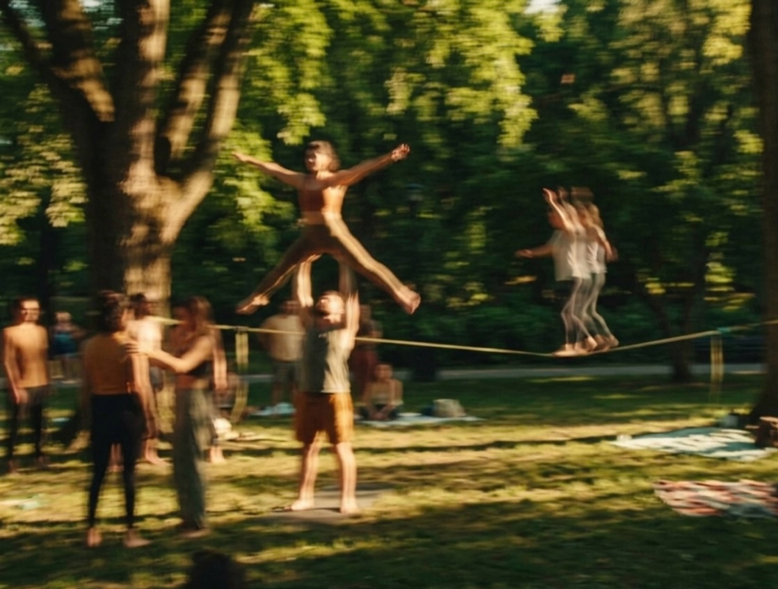 Slackliners and acro practitioners in a sunlit Ottawa park